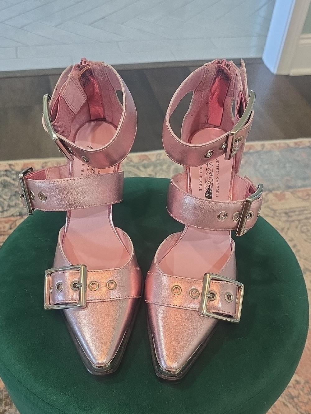 Jeffrey Campbell Metallic Rose Pointed Buckle Ankle-Strap Heels NWOT